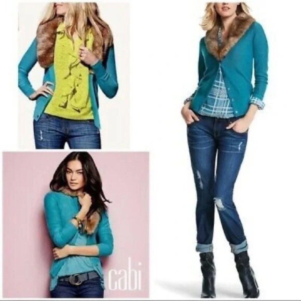 Cabi #3018 Teal Tearoom Cardigan With Removable Faux Fur~Size Xs
